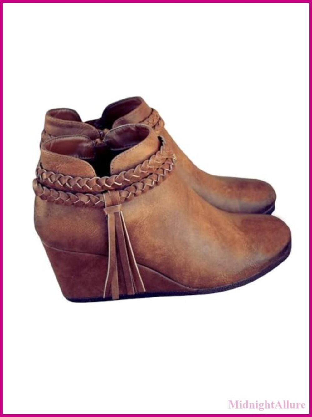Faux Suede Wedge Ankle Booties Braided Fringe Strap Western Heeled Fall Dress
